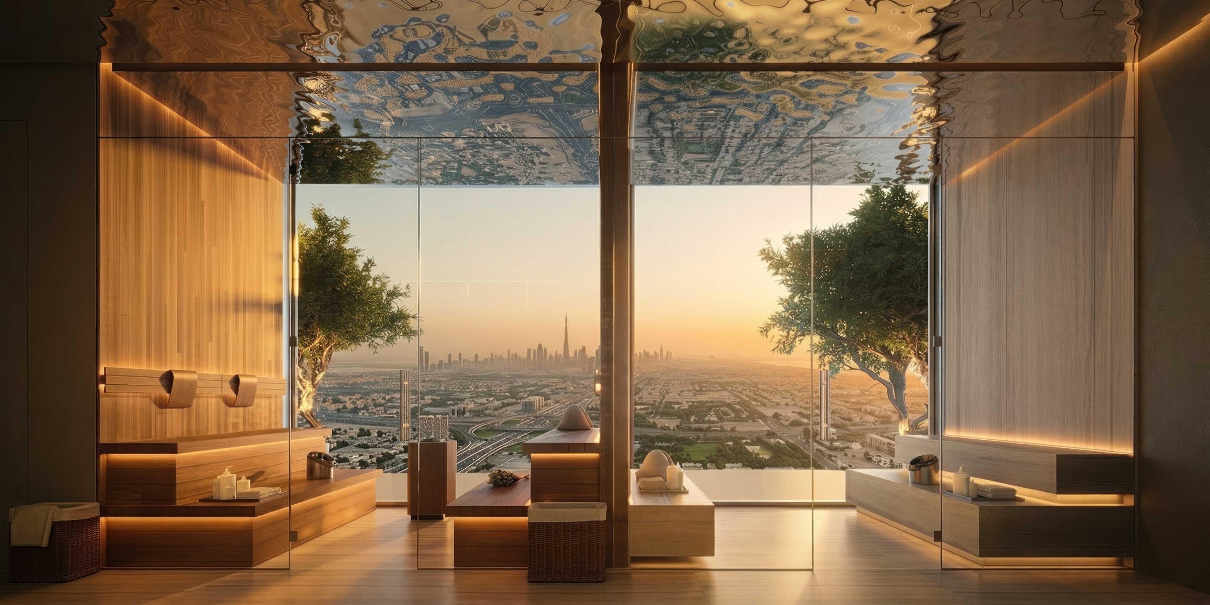 Wooden sauna with glass wall overlooking the Dubai skyline at sunset