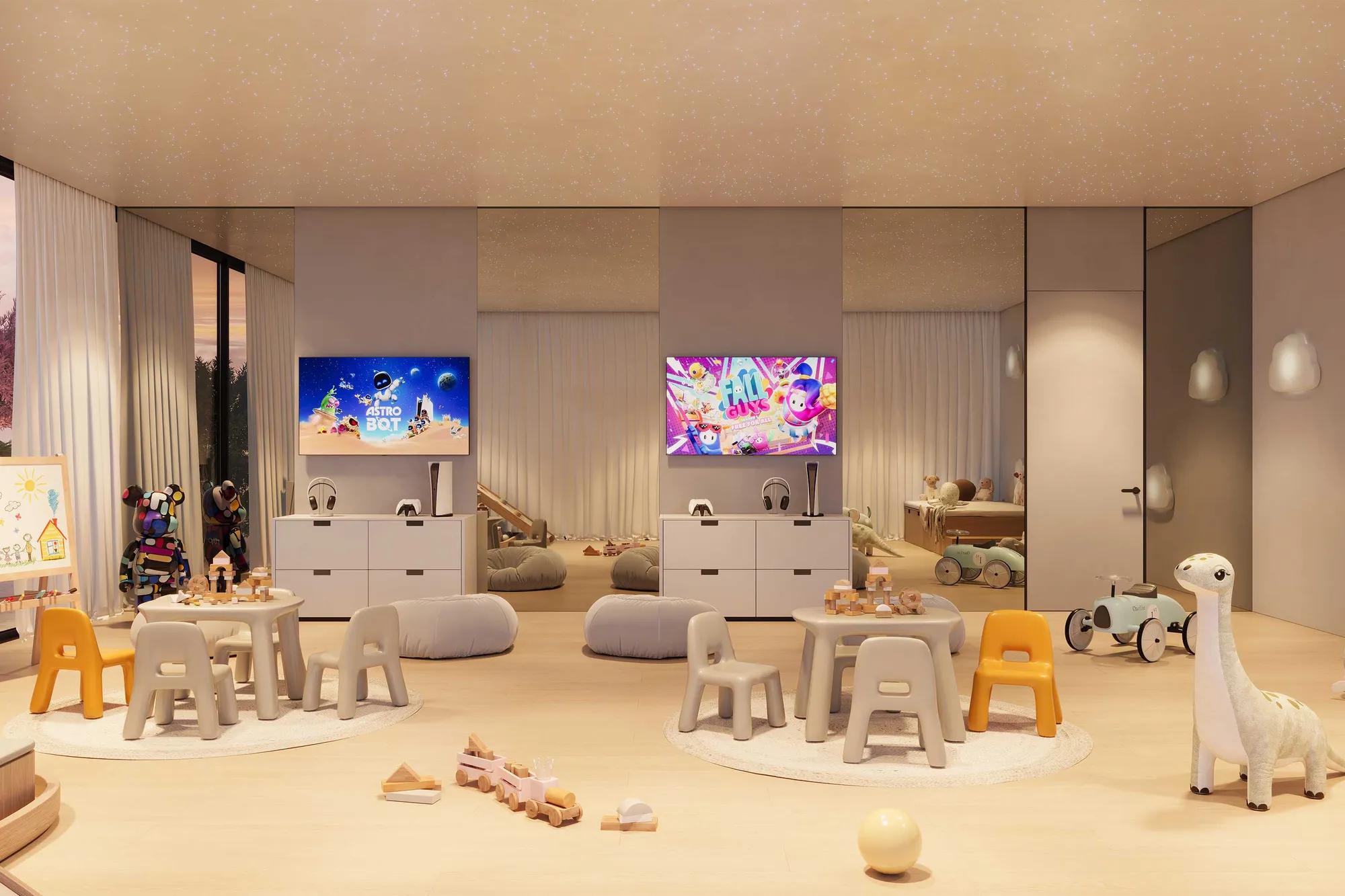 Children's playroom with small tables, games consoles and toy cars