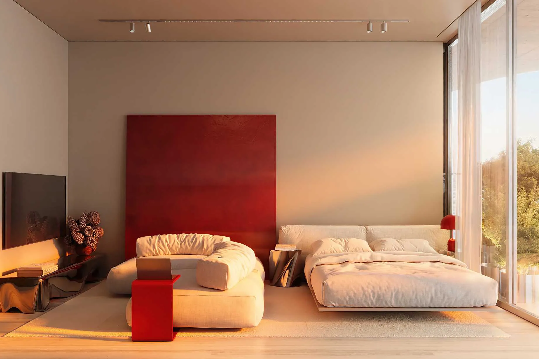 Suite with bed and sofa opening through sliding glass to a planted balcony
