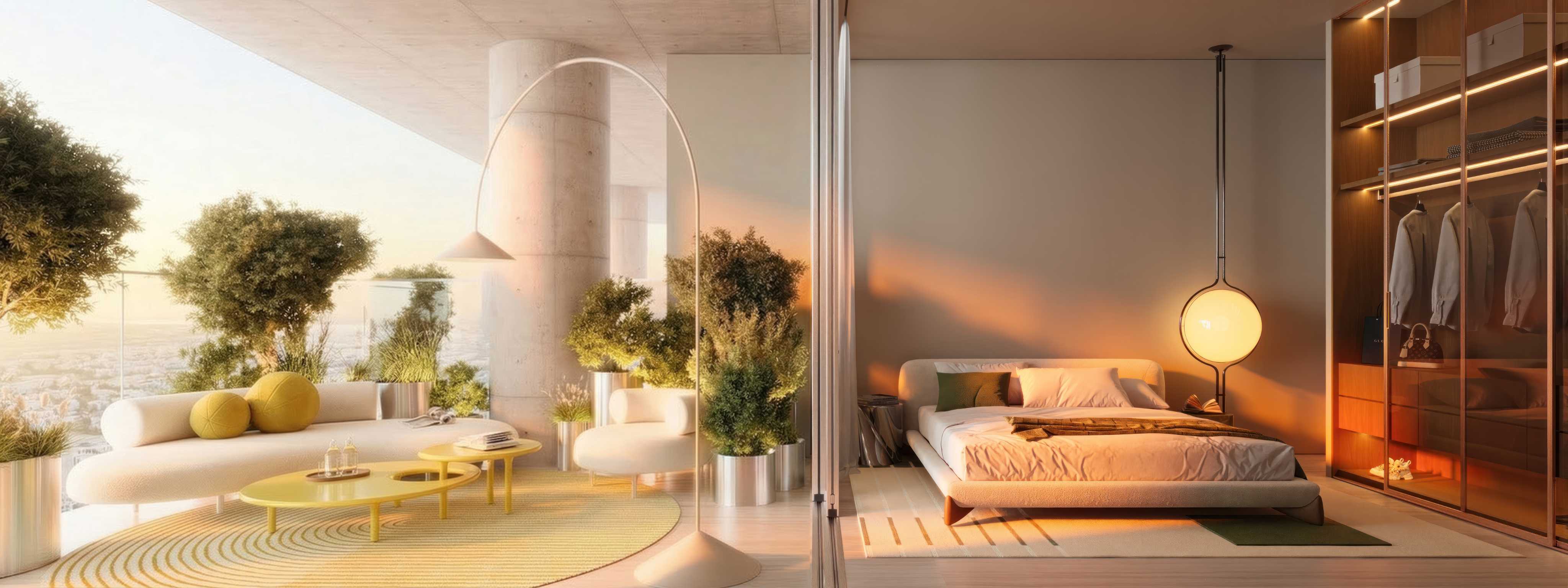 Balcony lounge with olive trees beside a bedroom with lit wardrobe